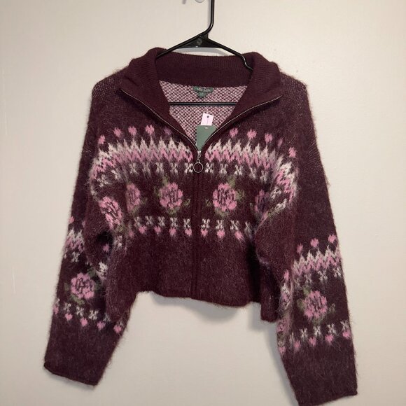 Wild Fable NWT Cropped Fair Isle Zip Sweater XS Burgundy Pink Cozy - Picture 2 of 7